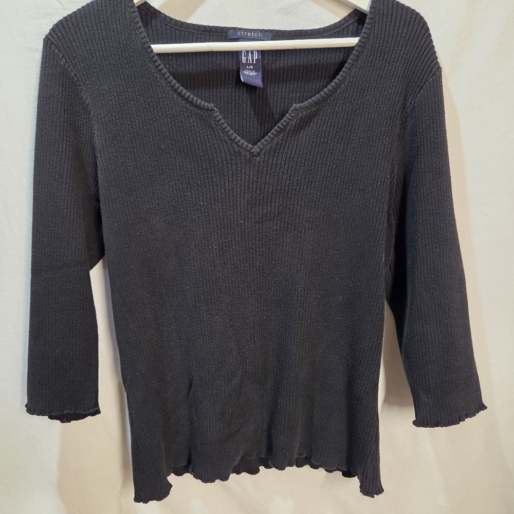 GAP 90s Black Knit Notched V Neck 3/4 Sleeve With Scalloped Hem Sz Large